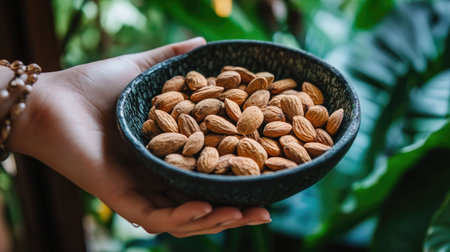 A delicious bowl of roasted organic almonds with a backdrop of nature and greenery for a fresh, wholesome vibe.の素材