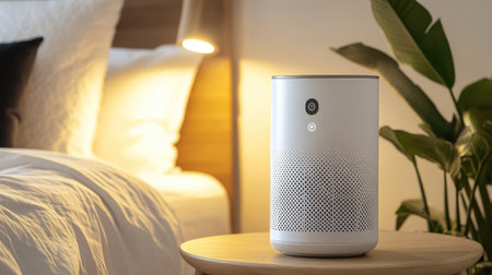 A compact air purifier on a bedside table, creating a healthy sleep environment.の素材