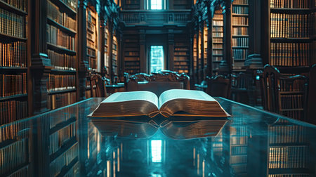 A cozy library setting with an open book on a glass table, its reflection creating symmetry.の素材