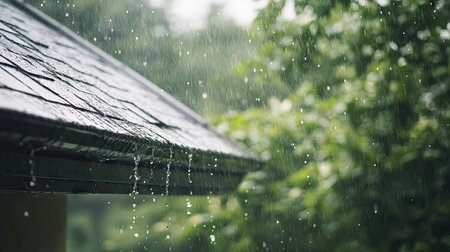 A dramatic downpour seen falling from a house roof, with a blurred background of trees.の素材