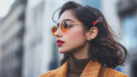 A fashion-forward young woman wearing a statement hair clip, complementing her chic outfit.の素材