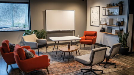 A cozy yet professional meeting space with a standing whiteboard, compact table, and comfortable seating.の素材