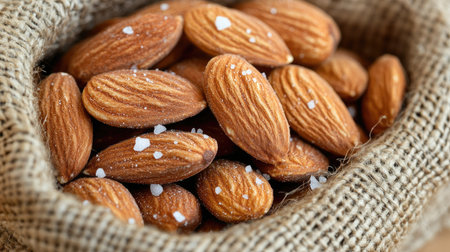 A close-up of roasted organic almonds with a sprinkle of sea salt, placed in a natural burlap sack.の素材