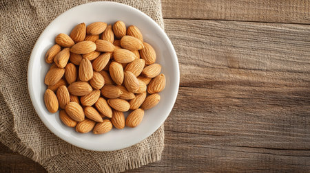 A healthy snack of roasted organic almonds arranged on a white ceramic plate, with a natural, earthy background.の素材