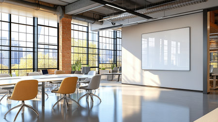A contemporary office space featuring a modern whiteboard, large windows, and an open-concept layout.の素材