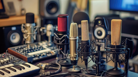 A collection of studio microphones on a table, featuring pop filters and shock mounts for professional audio recording.の素材
