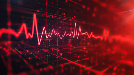 A digital pulse line in red, dynamically fluctuating across a high-resolution medical display.の素材