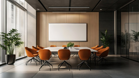 A high-resolution D render of a meeting room with a whiteboard, stylish chairs, and corporate branding elements.の素材