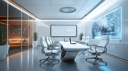 A futuristic meeting space with a smart whiteboard, high-tech decor, and a sleek corporate atmosphere.の素材