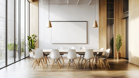 A contemporary office meeting space with a standing whiteboard, modern chairs, and a sleek wooden floor.の素材
