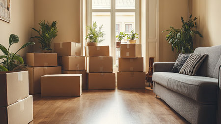 A living room filled with neatly packed moving boxes, waiting to be unpacked in a new house.の素材