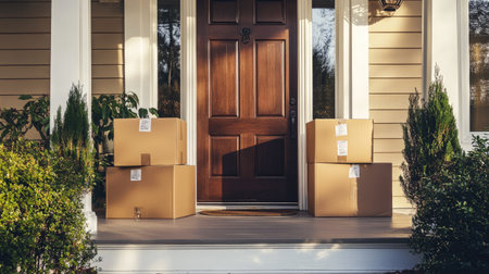 A front door of a new home with cardboard boxes on the porch, ready to be carried inside.の素材