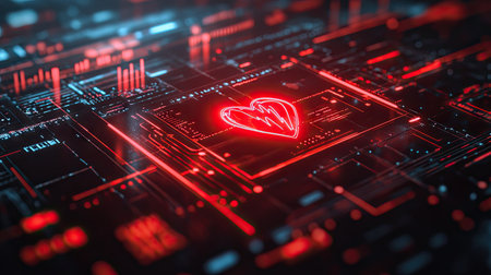 A futuristic concept of a red heart rate monitor displayed on a high-tech digital interface.の素材