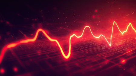 A glowing red electrocardiogram ECG line forming peaks and valleys, isolated on a dark background.の素材