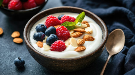 A healthy breakfast setup featuring roasted organic almonds, yogurt, and fresh fruit in a rustic bowl.の素材