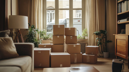A living room with large cardboard boxes stacked, with a moving truck visible outside the window.の素材