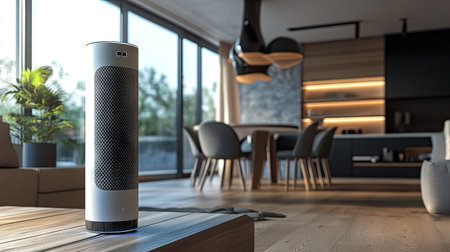 A futuristic air purifier in a smart home, blending with high-tech decor.の素材