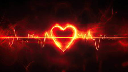 A glowing red ECG wave transitioning smoothly into a heart icon at the center.の素材
