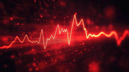 A detailed ECG waveform in deep red, symbolizing health, life, and cardiology research.の素材