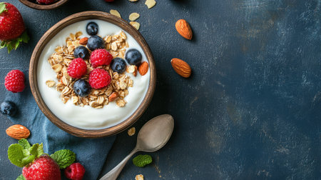 A healthy breakfast setup featuring roasted organic almonds, yogurt, and fresh fruit in a rustic bowl.の素材