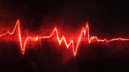 A glowing red electrocardiogram ECG line forming peaks and valleys, isolated on a dark background.の素材
