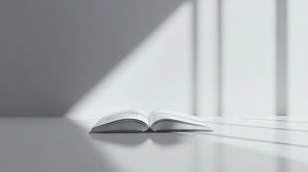 A minimalistic scene with an open book on a glossy white table, pages mirrored perfectly.の素材