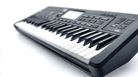 A glossy black digital keyboard with its control panel and keys in sharp focus, isolated on white.の素材