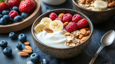 A healthy breakfast setup featuring roasted organic almonds, yogurt, and fresh fruit in a rustic bowl.の素材