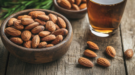 A healthy snack setting featuring roasted organic almonds with a refreshing drink on a wooden table.の素材