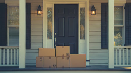A front door of a new home with cardboard boxes on the porch, ready to be carried inside.の素材