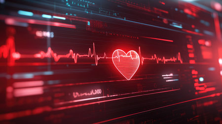 A futuristic concept of a red heart rate monitor displayed on a high-tech digital interface.の素材