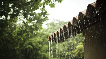 A dramatic downpour seen falling from a house roof, with a blurred background of trees.の素材