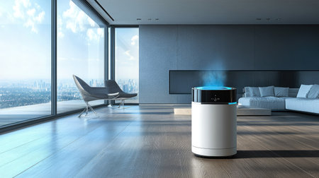 A futuristic air purifier in a smart home, blending with high-tech decor.の素材