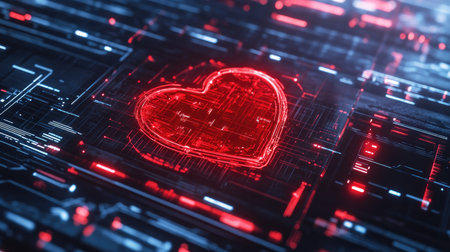 A futuristic concept of a red heart rate monitor displayed on a high-tech digital interface.の素材