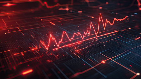 A futuristic red ECG line on a black screen, with glowing digital data points around it.の素材