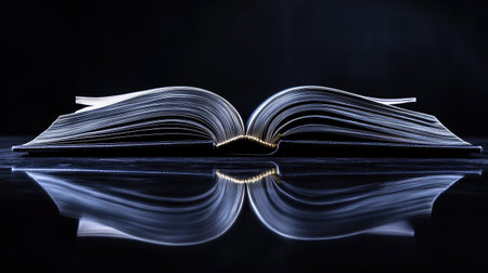 A dramatic shot of an open book on a high-gloss black table, reflecting its crisp pages.の素材
