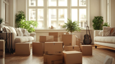 A living room filled with neatly packed moving boxes, waiting to be unpacked in a new house.の素材