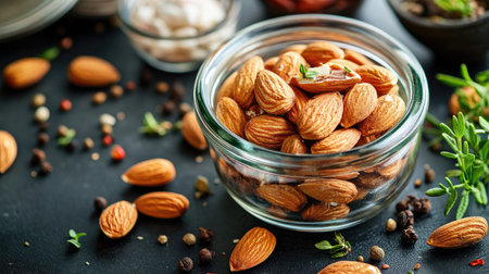 A glass jar filled with roasted organic almonds, surrounded by fresh herbs and spices for a natural look.の素材