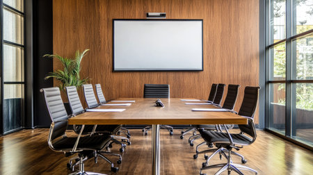 A high-end office boardroom with a mounted whiteboard, a wooden table, and premium executive chairs.の素材
