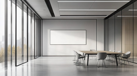 A minimalistic open office space with a glass-walled meeting room featuring a clean whiteboard and decor.の素材