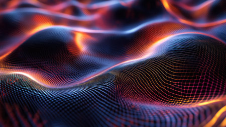 Dark metallic hexagonal pattern with vibrant, glowing lines weaving through the gridの素材