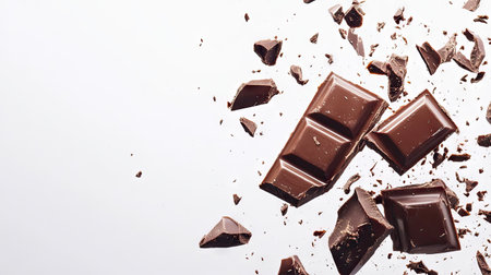 Delicious chocolate bar with a smooth ganache center, broken into pieces and scattered on a clean white backgroundの素材