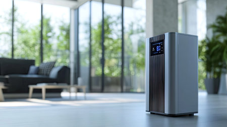 A high-tech air purifier with a digital display, running in a contemporary home.の素材