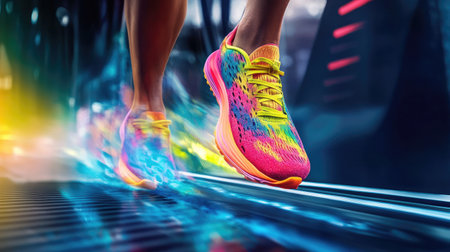 Feet in brightly colored running shoes striking the treadmill belt, emphasizing speed and energyの素材
