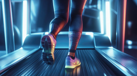 Legs in compression leggings pounding the treadmill belt as a female athlete powers through her runの素材