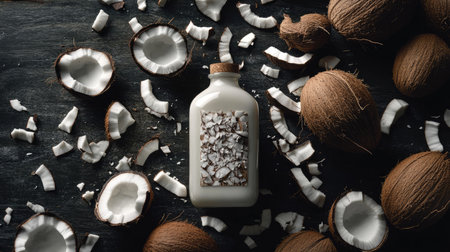 Minimalistic composition of coconut milk in a bottle surrounded by freshly cracked coconut shellsの素材