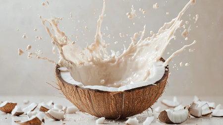 Milk splashing out of a coconut shell placed on a white surface with coconut pieces around itの素材