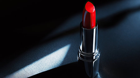 Dramatic shot of a lipstick tube leaning against a black surface, illuminated by a single focused lightの素材