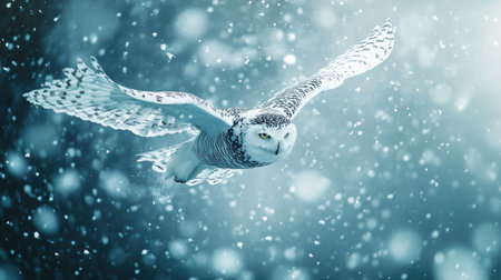 Dramatic shot of a snowy owl flying through a snowstorm, with flakes swirling around its elegant wingsの素材