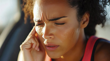 Focused female runner wiping sweat from her face while continuing her treadmill workoutの素材